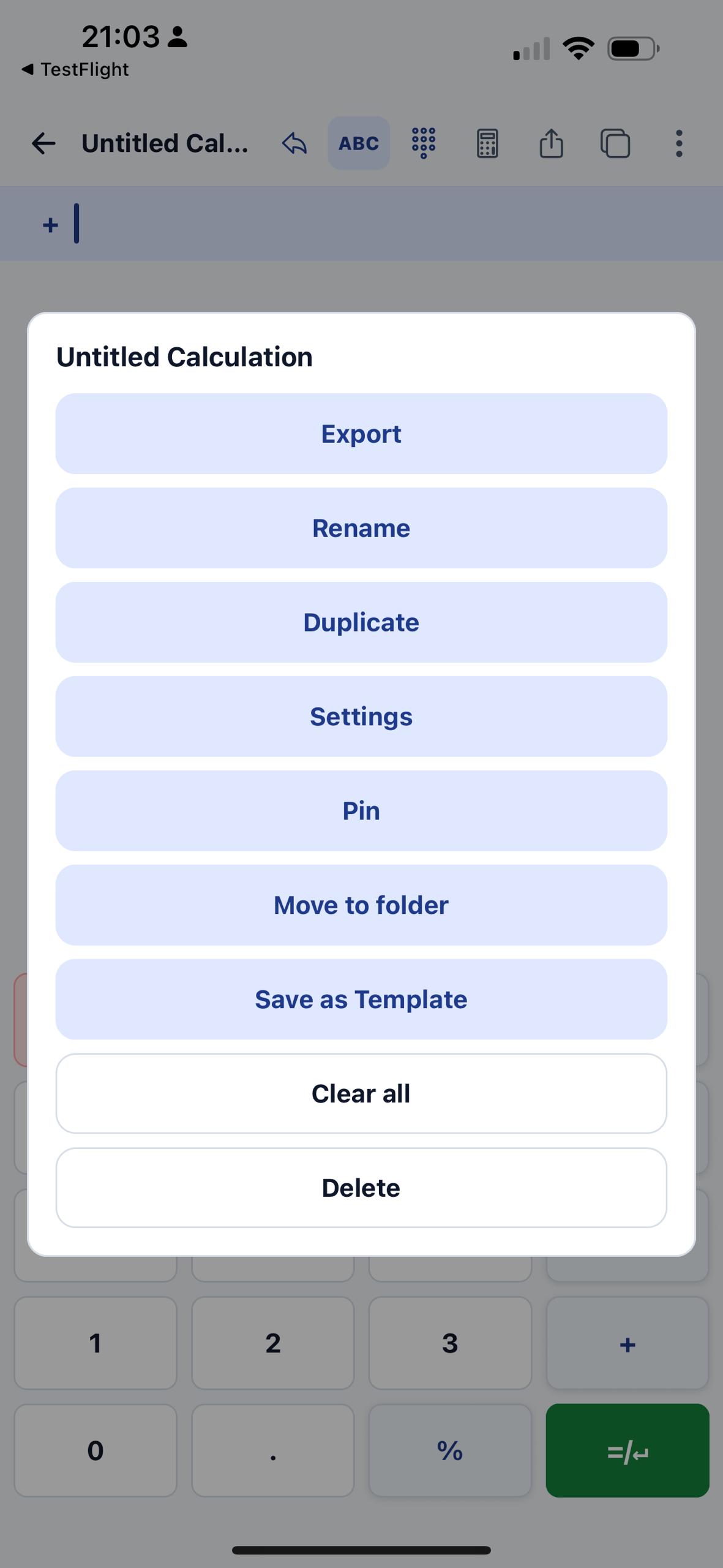 EMTape calculation action menu with export, rename, duplicate, pin, folder, template, clear, and delete options.