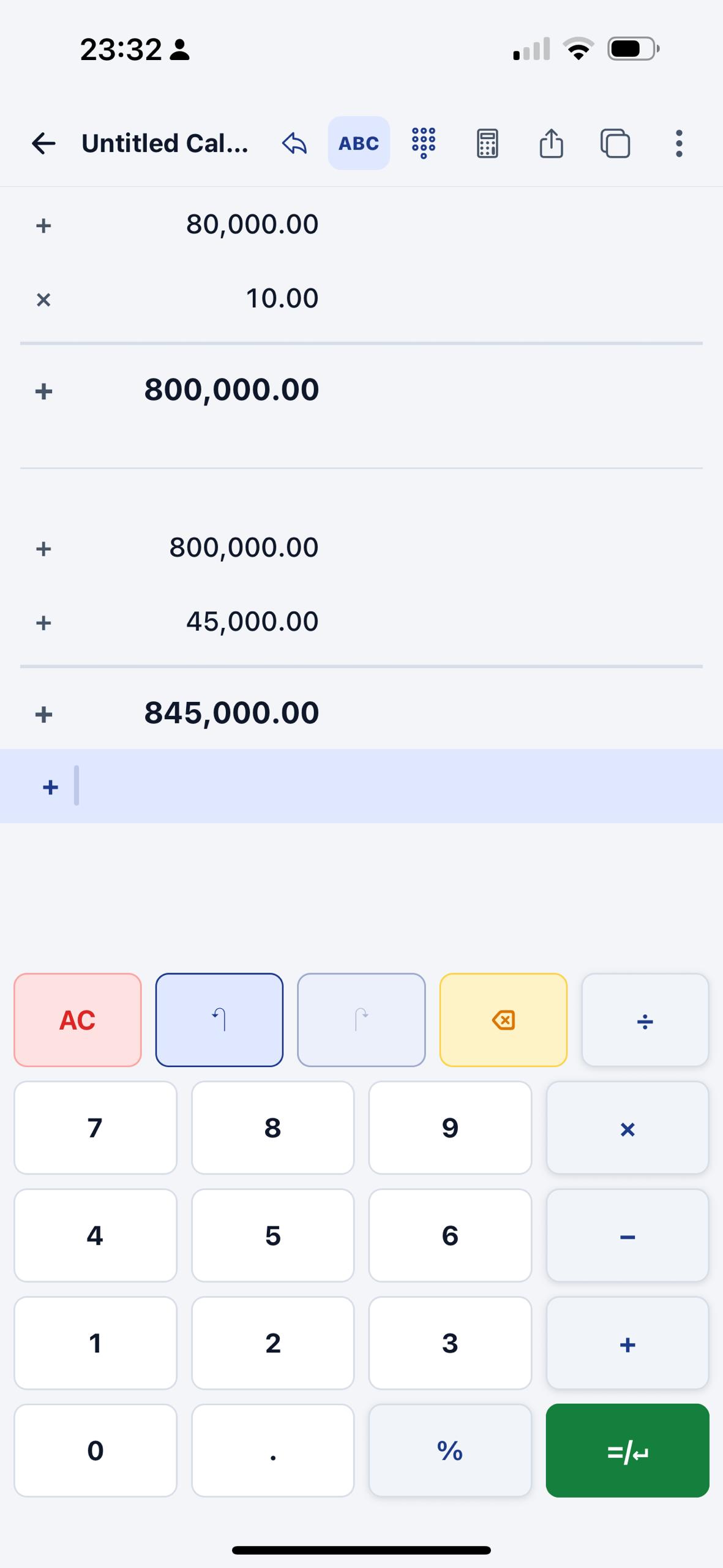 EmTape light calculator tape showing multiplication, running totals, toolbar actions, and the numeric keypad.