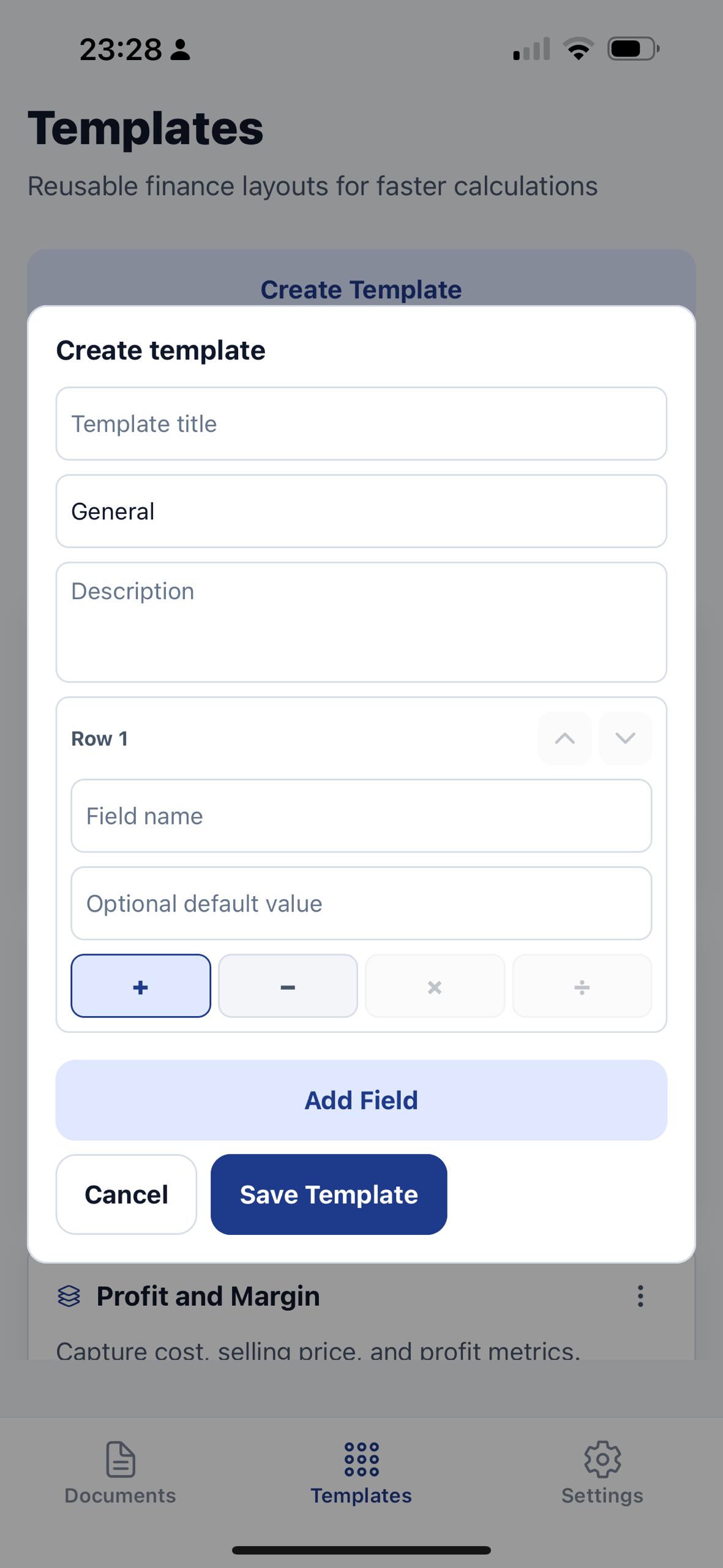 EmTape create template modal with title, category, description, and row controls.