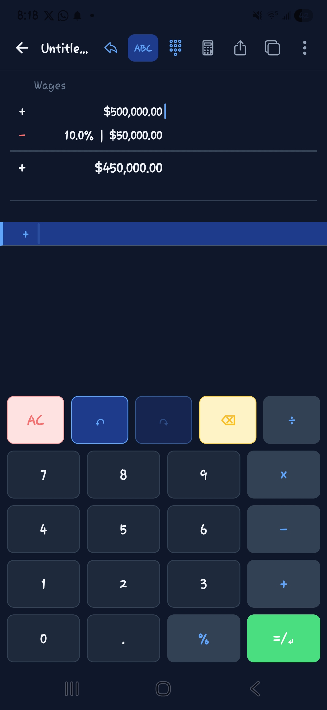 EMTape dark mode tape showing wages and a percentage deduction on the calculator keypad screen.