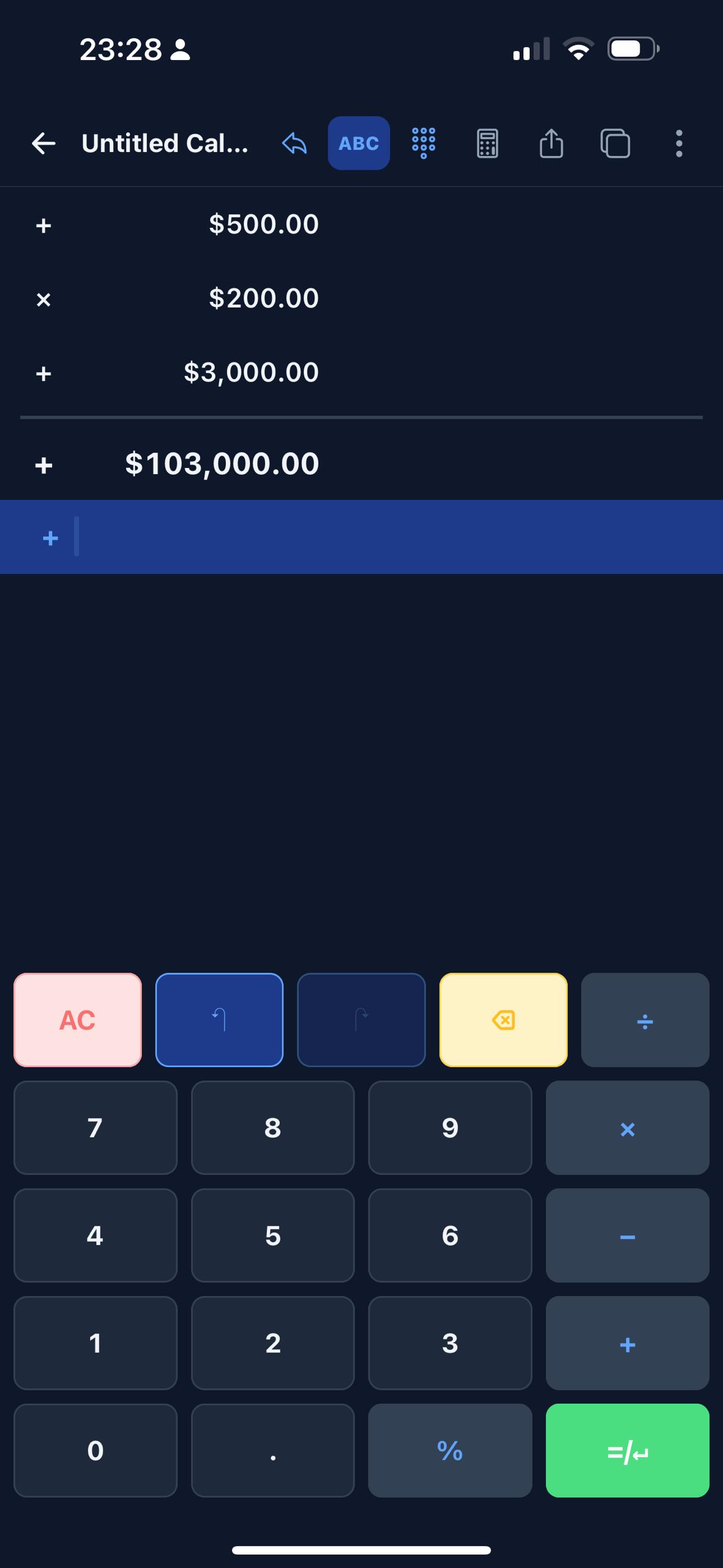 EmTape dark mode calculator tape showing dollar entries, a total, toolbar controls, and the keypad.