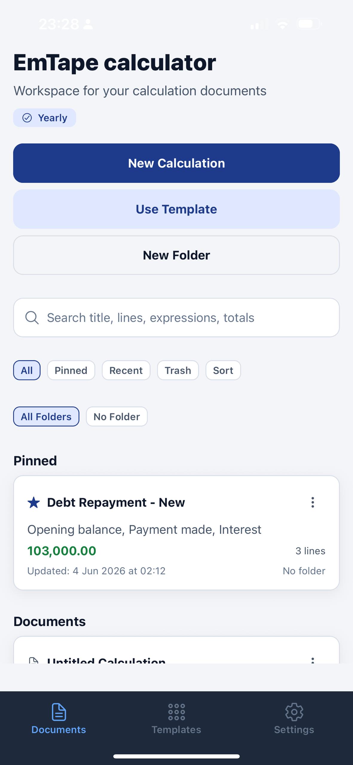 EmTape documents workspace with new calculation, template, folder, search, and filter controls.