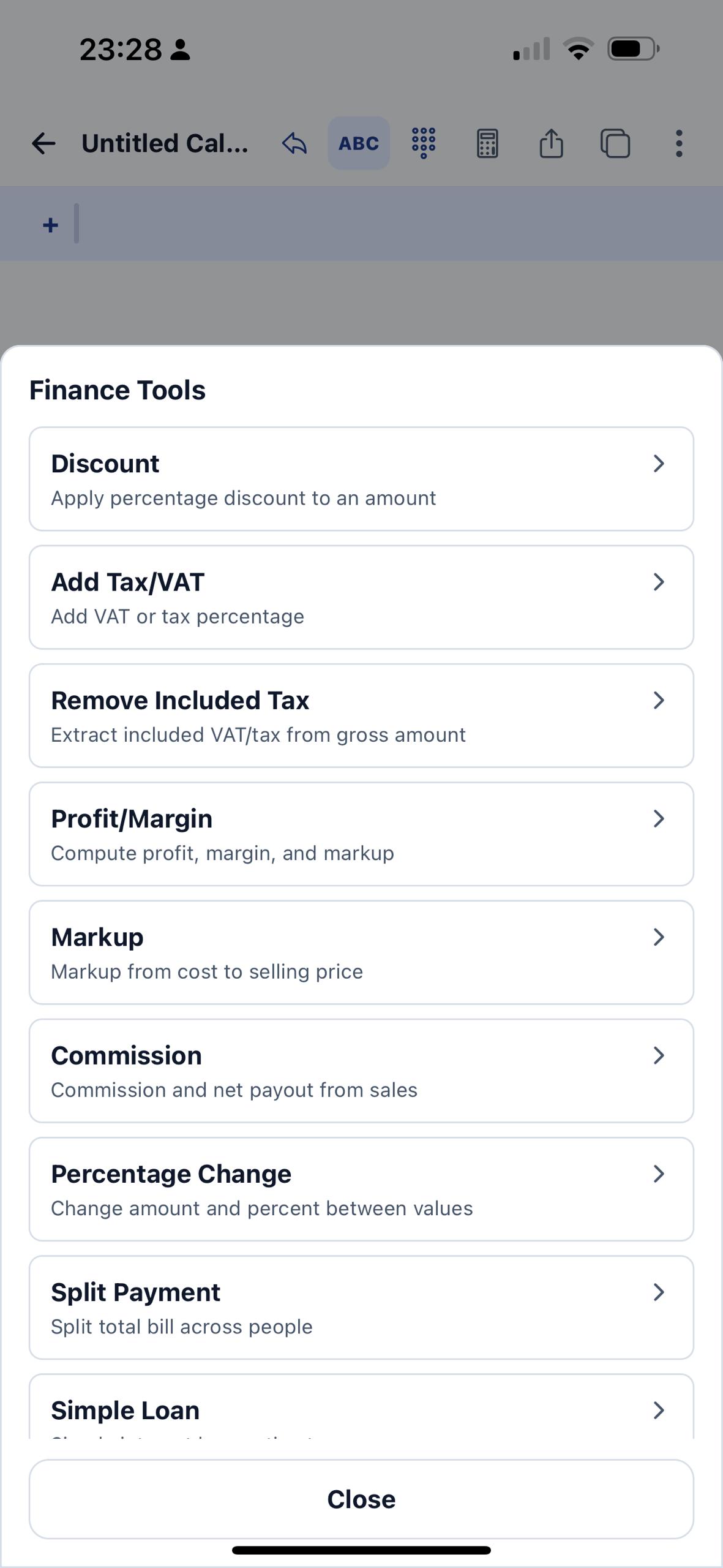 EmTape finance tools sheet with discount, tax, profit margin, markup, commission, percentage change, split payment, and loan shortcuts.