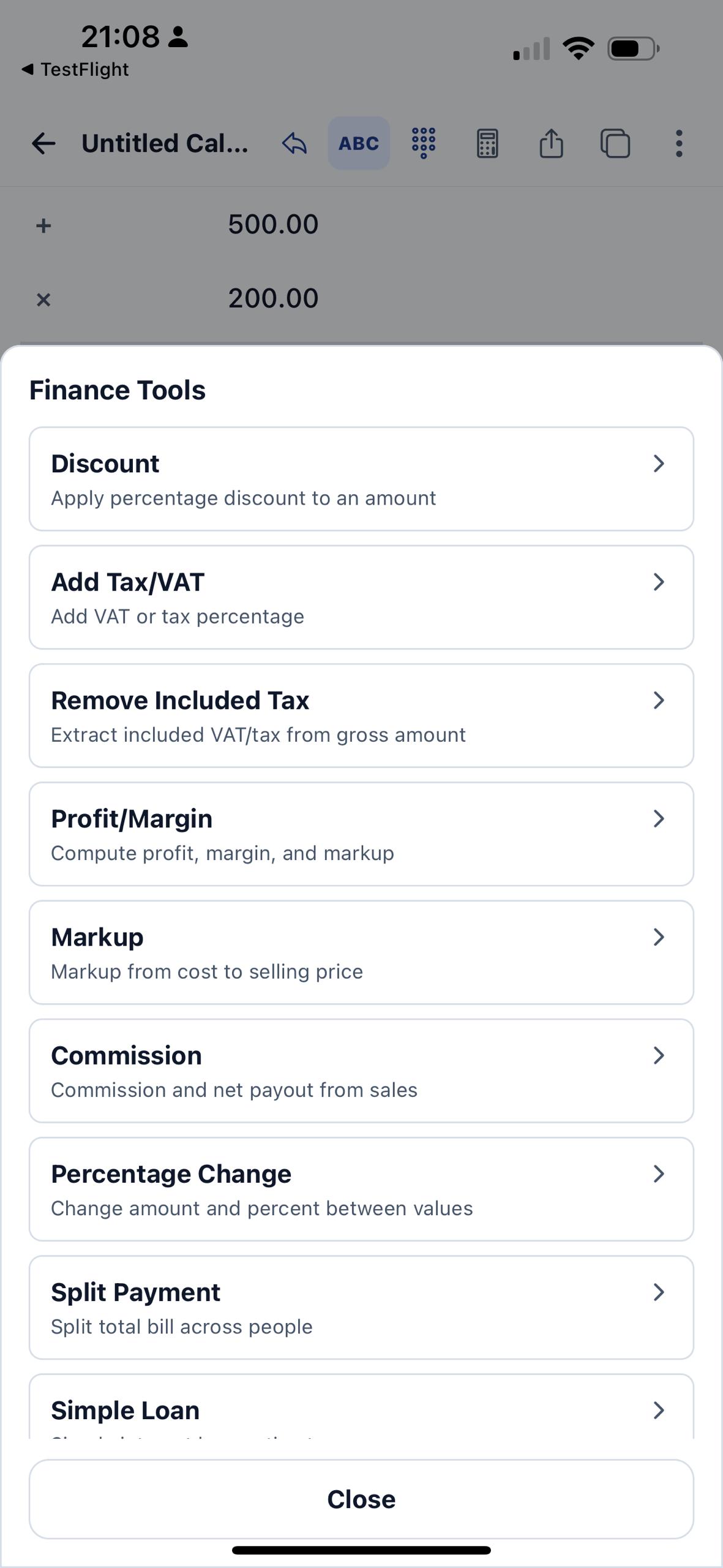 EMTape finance tools sheet with discount, tax, profit margin, markup, commission, percentage change, split payment, and loan shortcuts.