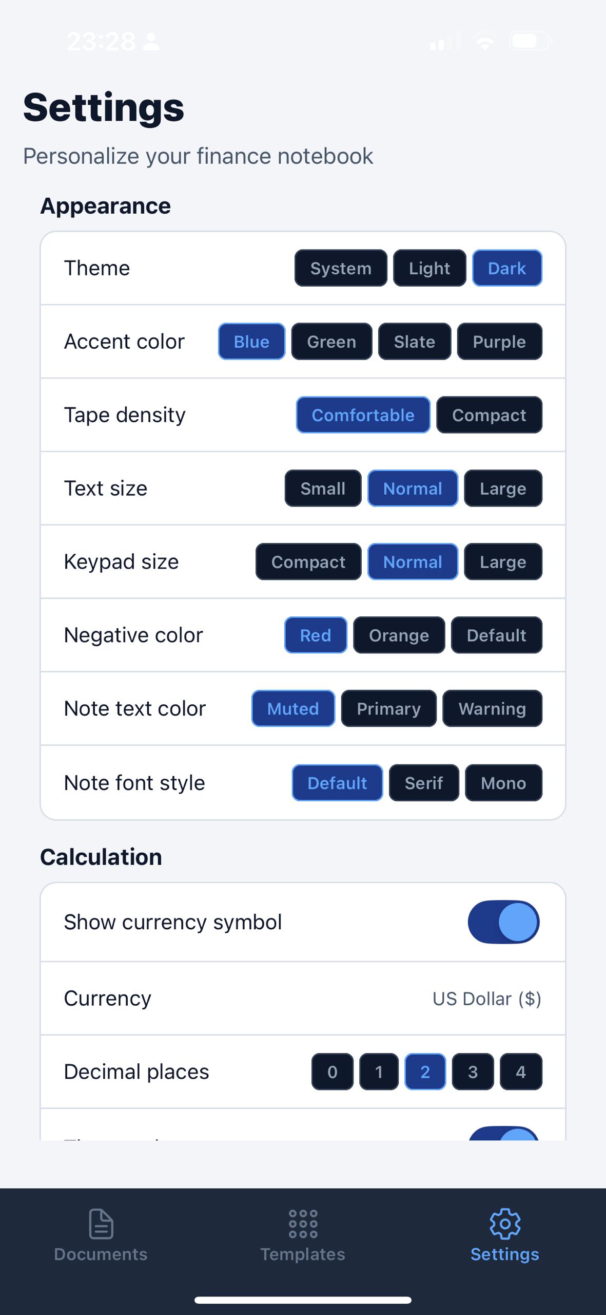 EmTape dark settings screen with appearance controls, currency settings, decimal places, and bottom navigation.