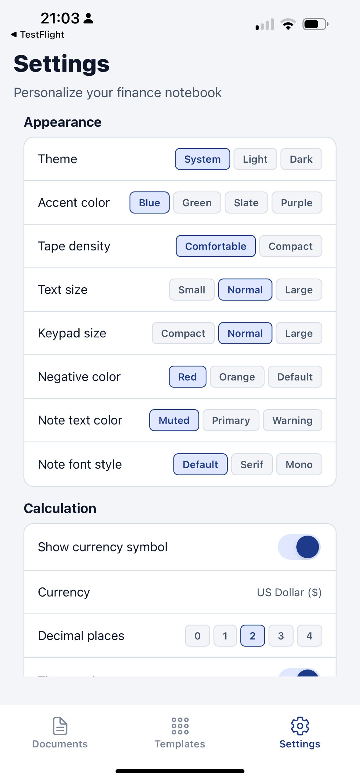 EMTape settings screen with theme, accent color, tape density, font style, and calculation preferences.