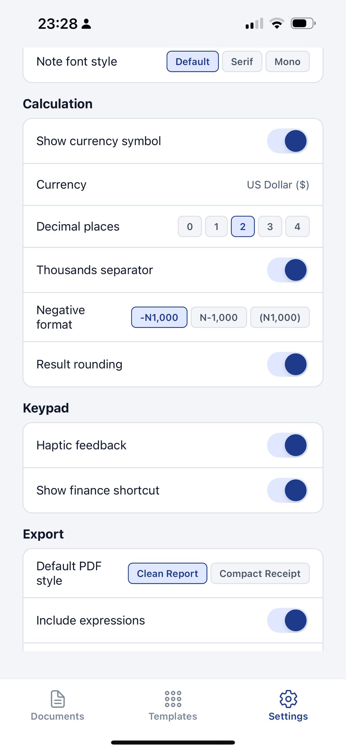 EmTape light settings screen showing calculation, keypad, and export preferences.