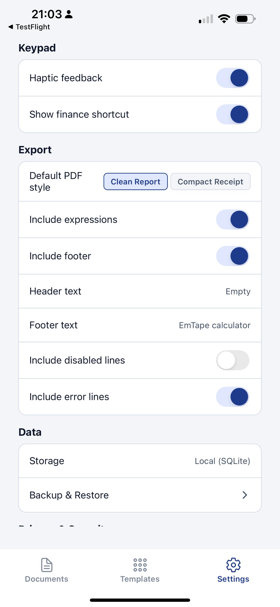 EMTape export settings showing PDF style, expressions, footer options, and local storage with backup and restore.