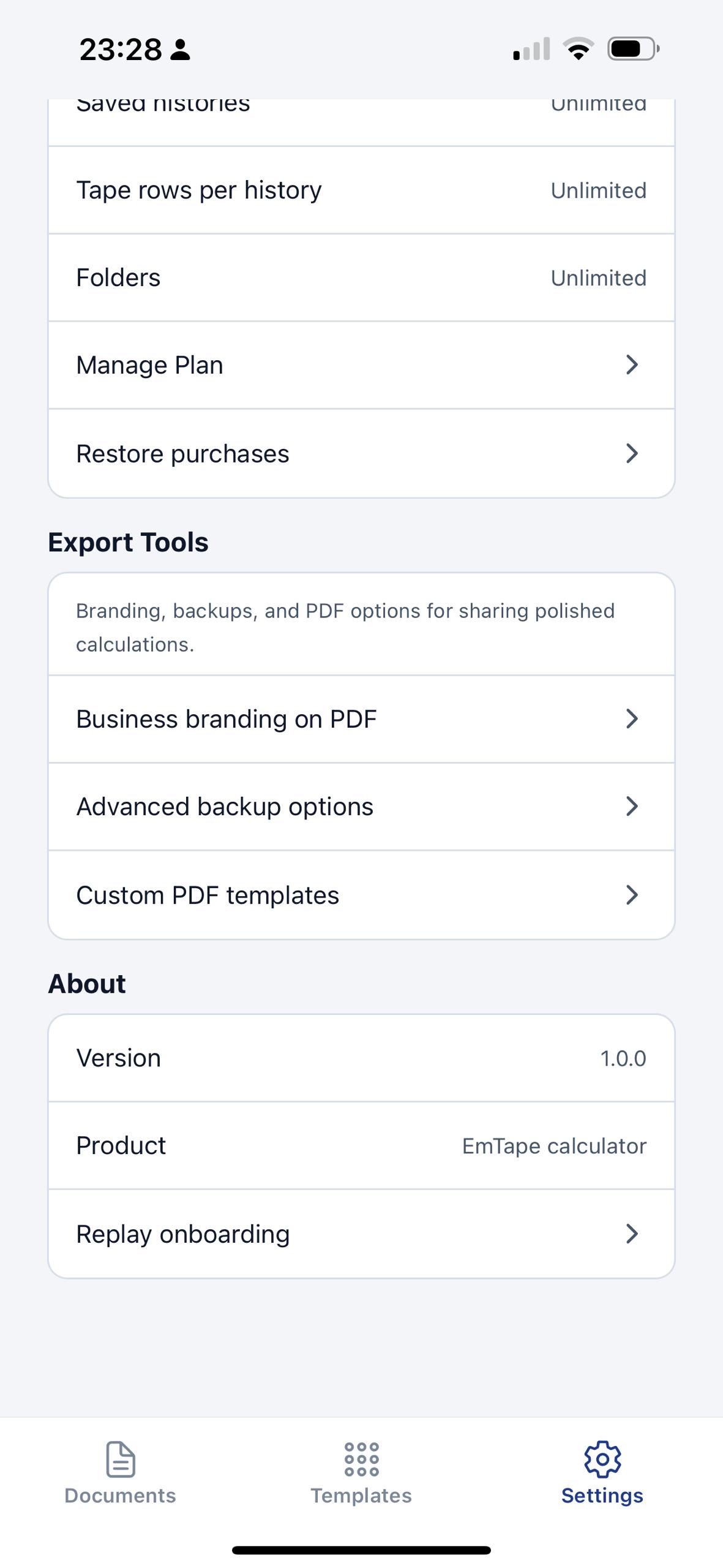 EmTape settings screen showing plan limits, manage plan, restore purchases, export tools, and product version.