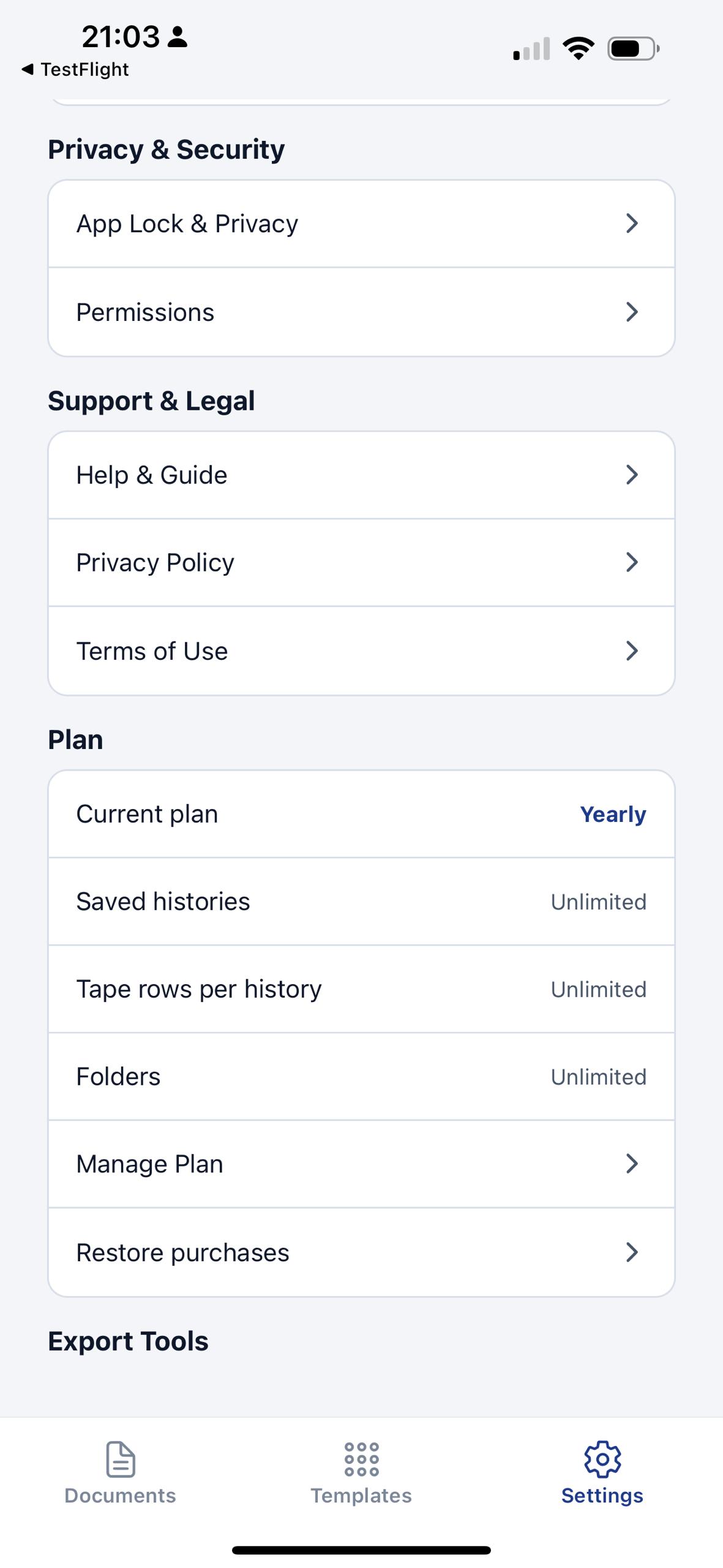 EMTape settings showing privacy and security, support and legal links, yearly plan, saved histories, tape rows, folders, and restore purchases.