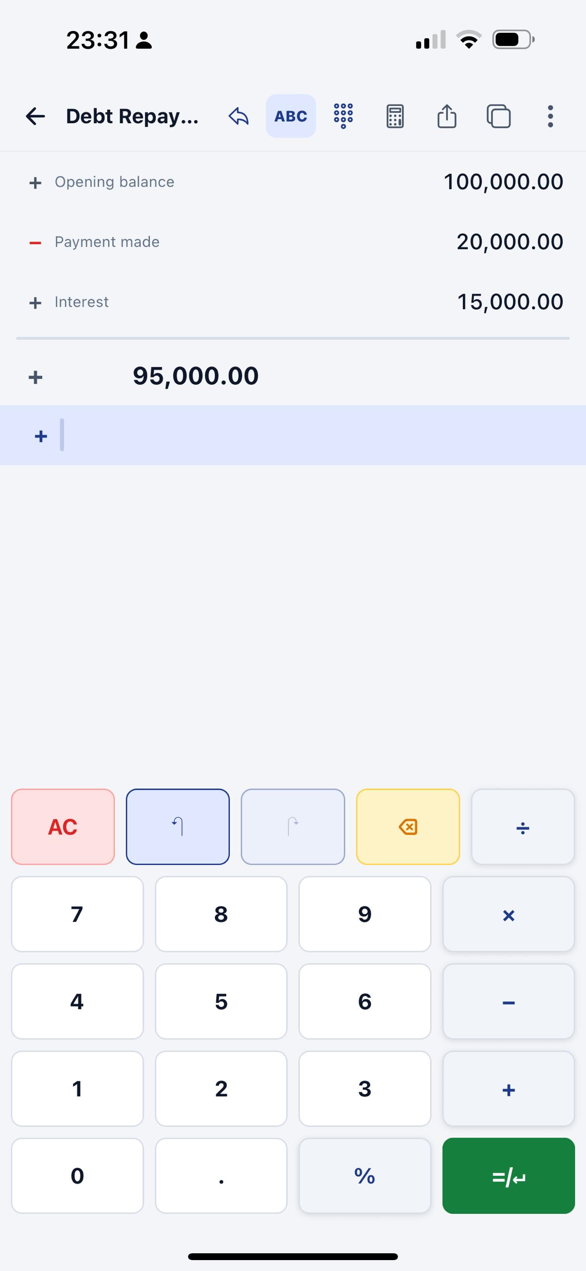 EmTape debt repayment tape showing opening balance, payment made, interest, and the live calculator keypad.