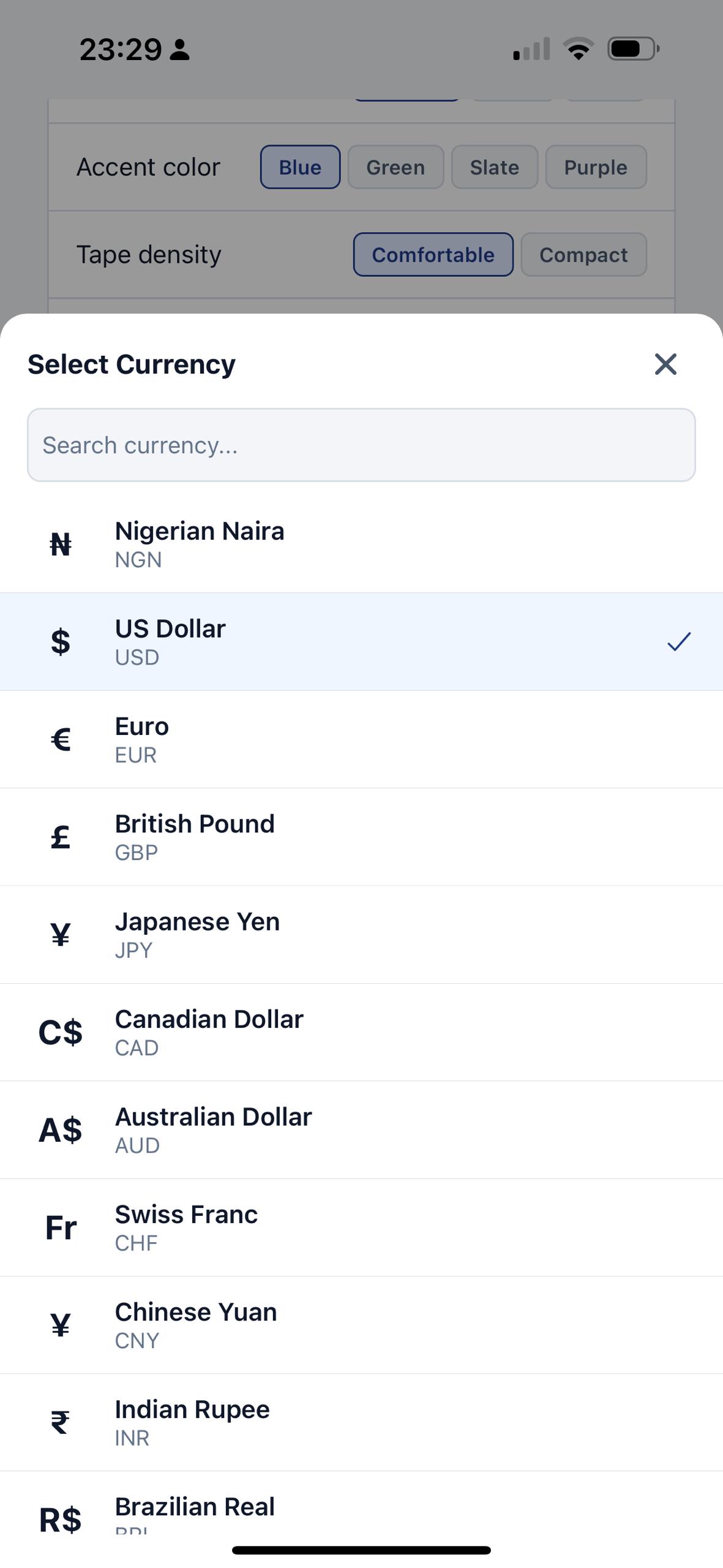 EmTape currency selector sheet showing search and currency options including Nigerian Naira, US Dollar, Euro, and British Pound.