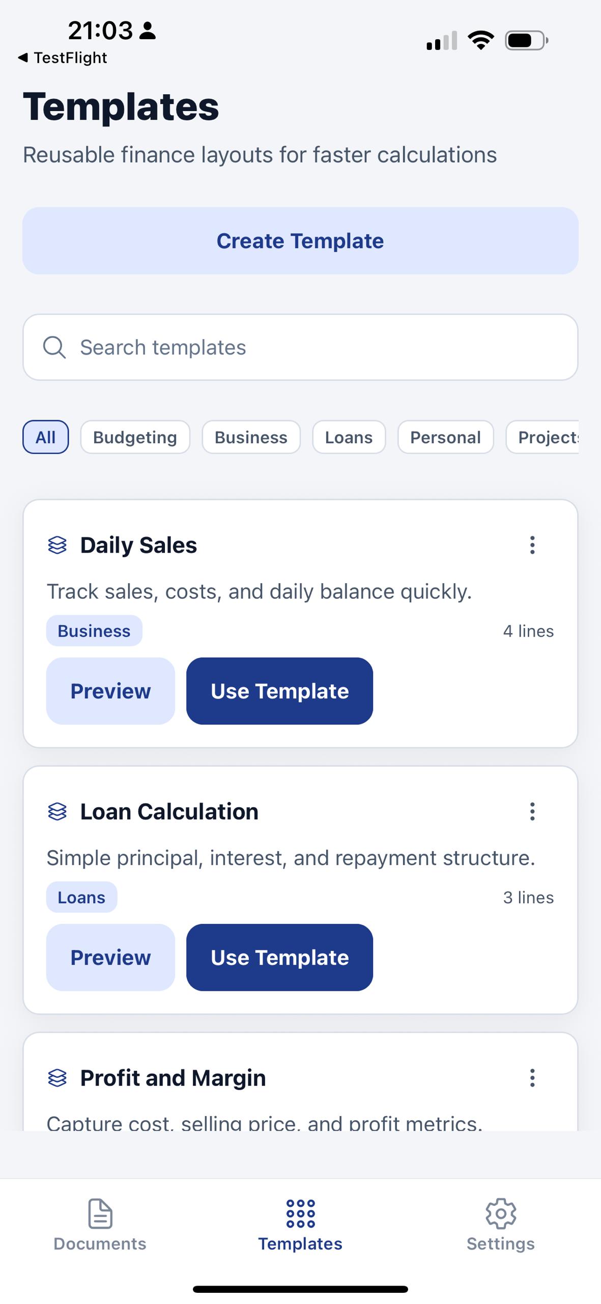 EMTape template library with reusable finance layouts like daily sales, loan calculation, and profit and margin.
